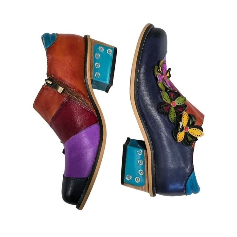 Socofy Women's Size 38 Floral Patchwork Leather Mary Jane Block Heel Shoes Zip - Picture 4 of 12